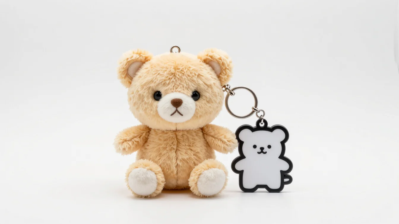 Clean commercial product photography of a soft plush toy next to