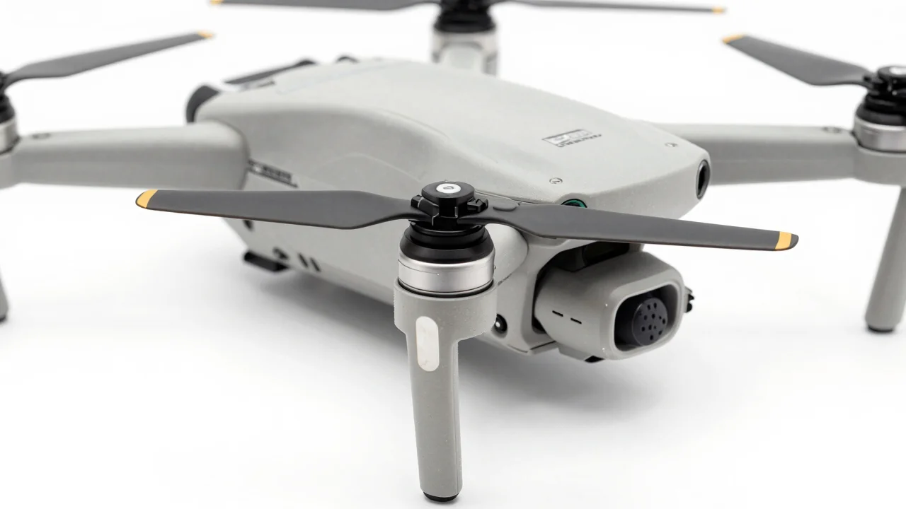 Close-up of a drone propeller and a gaming controller joystick on